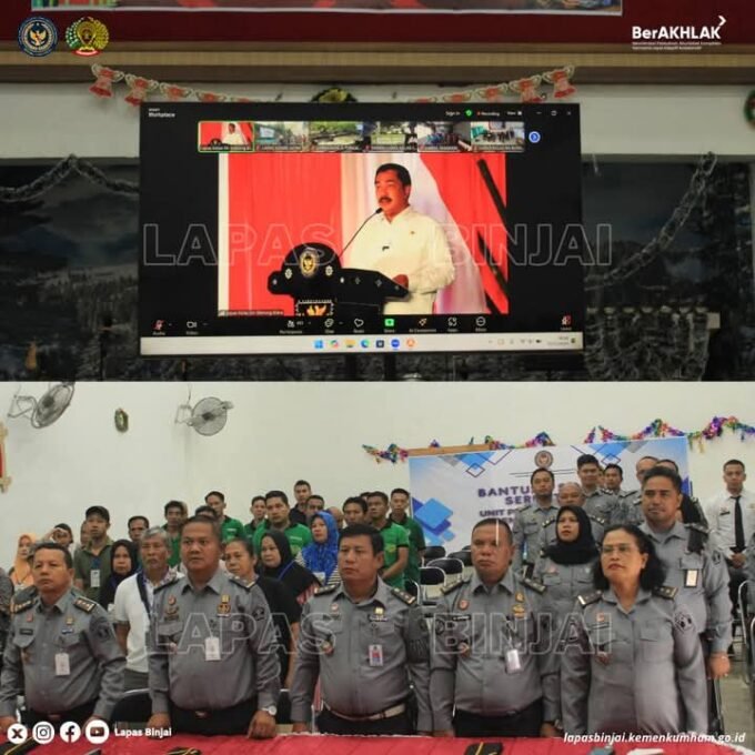 Lembaga Pemasyarakatan Kelas IIA Binjai ikuti Panen Raya dan Penyerahan Bantuan Sosial serentak UPT Pemasyarakatan bersama Menteri Imigrasi & Pemasyarakatan secara virtual. Foto: Istimewa.