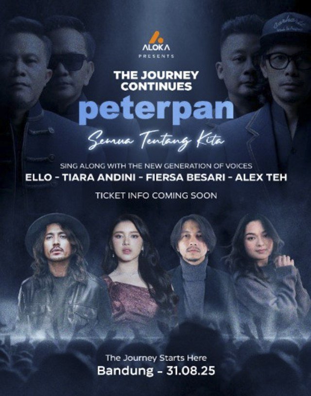 Penyanyi Tiara Andini, Marcello Tahitoe, Fiersa Besari, dan Alex Teh ikut meriahkan Konser Comeback Peterpan. Foto: Instagram/ @aloka.id