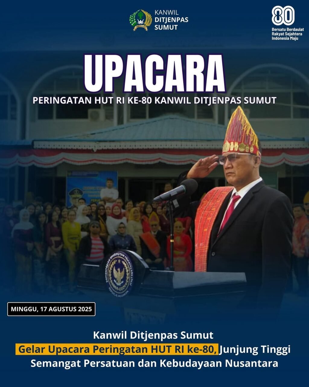 Kakanwil Ditjenpas Sumut Yudi Suseno saat bertindak sebagai Inspektur melangsungkan Upacara Peringatan HUT RI ke-80 di Halaman Kantor Ditjenpas Sumatera Utara. Foto: Sumber. Kanwil Ditjenpas Sumut. (Facebook)