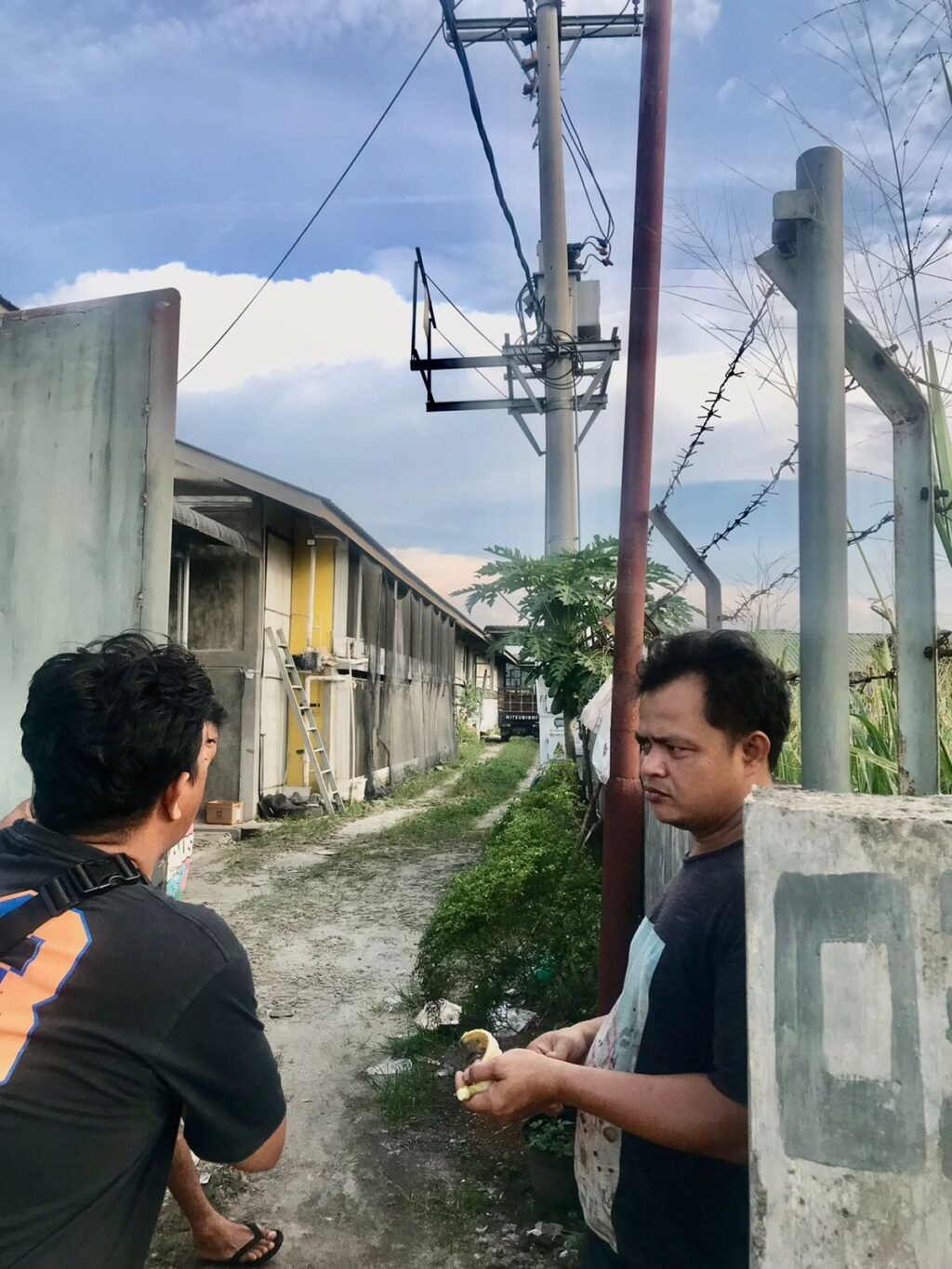 Pekerja Kandang Ayam Bermarga Harahap dan Tampak Penglihatan Gardu PLN. Foto: Tim Visiokreatif Pictures.