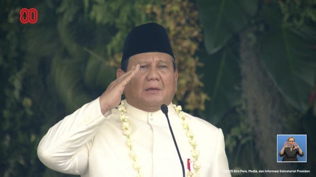 Presiden RI Prabowo Subianto saat upacara peringatan HUT ke-80 RI di Istana Merdeka, Jakarta, Minggu (17/8/2025). Foto: YouTube/ Sekretariat Presiden