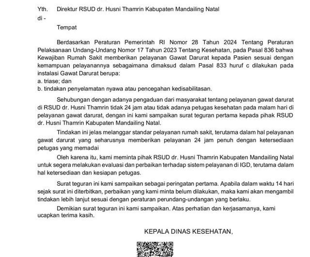 Surat teguran Dinkes Sumut ke RSUD Husni Thamrin, Kabupaten Mandailing Natal, imbas viral video tak ada nakes berjaga saat ada masyarakat hendak berobat. Foto: Dok. Istimewa