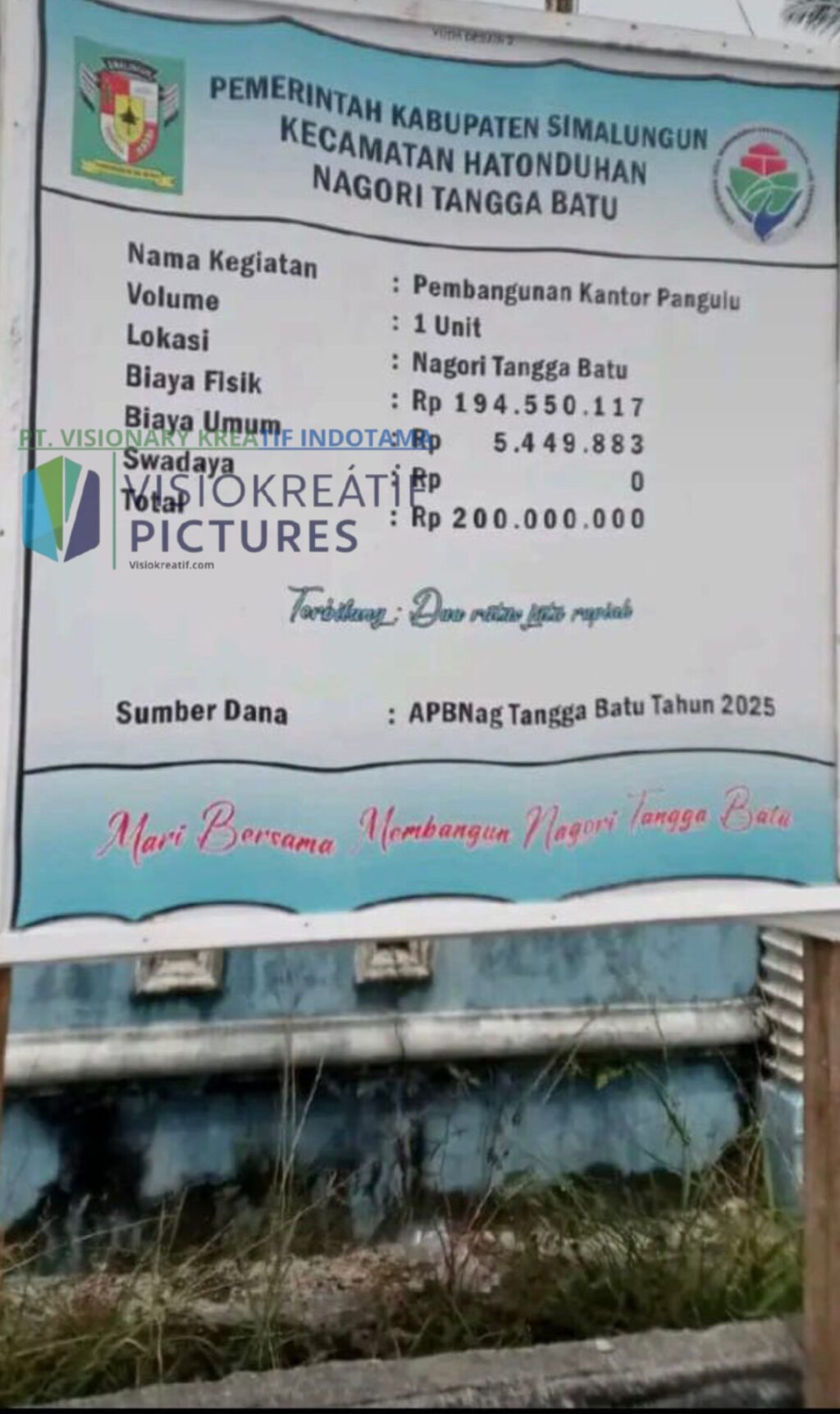 Plang Proyek Pembangunan Kantor Pangulu Nagori Tangga Batu, Kecamatan Hatonduhan, Kabupaten Simalungun, SUMUT. Foto: Tim Visiokreatif Pictures.