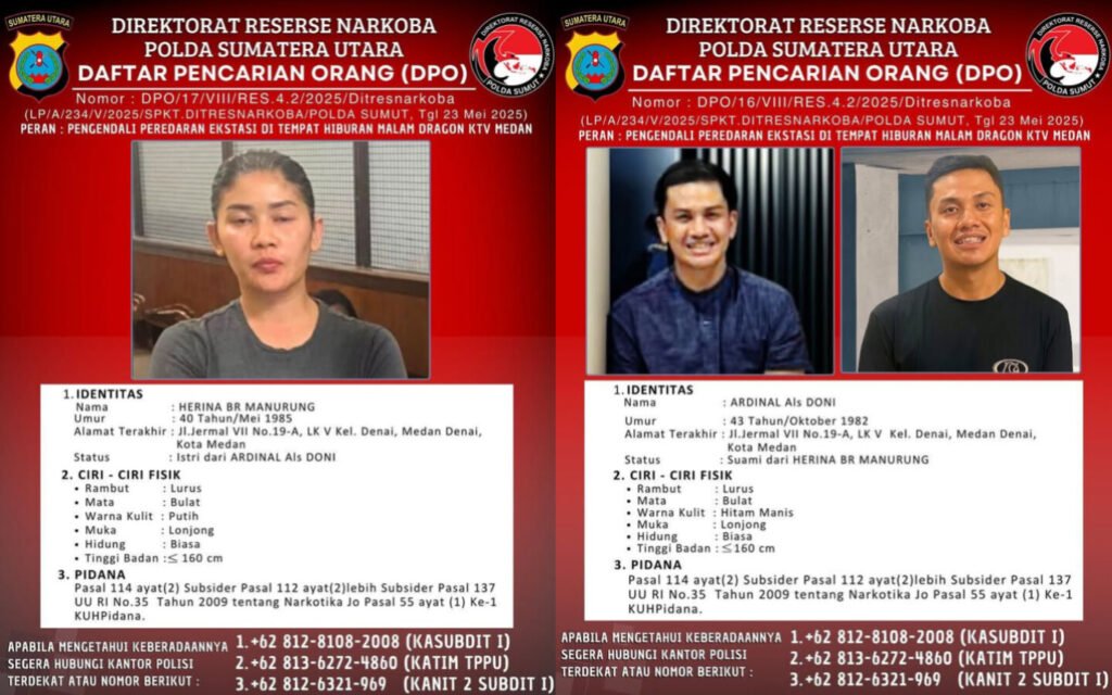 DPO Pasutri Pengendali Narkoba Ekstasi di Dragon KTV Medan. Foto: dok. Ditresnarkoba Polda Sumut. (Kolage: Visiokreatif Pictures)