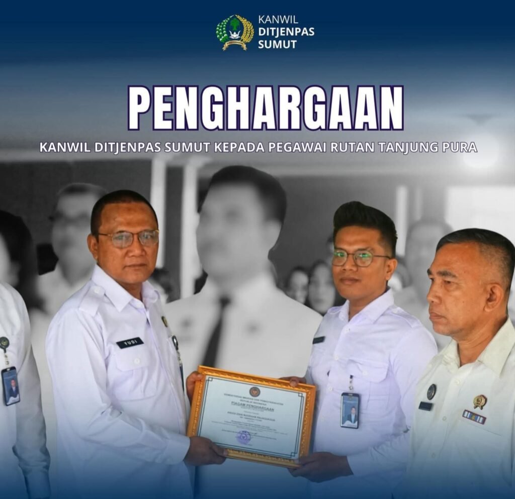 Penghargaan Pegawai Berprestasi di rutan Tanjung Pura dari Kanwil Ditjenpas Sumut. Foto: Facebook Kanwil Ditjenpas Sumut.