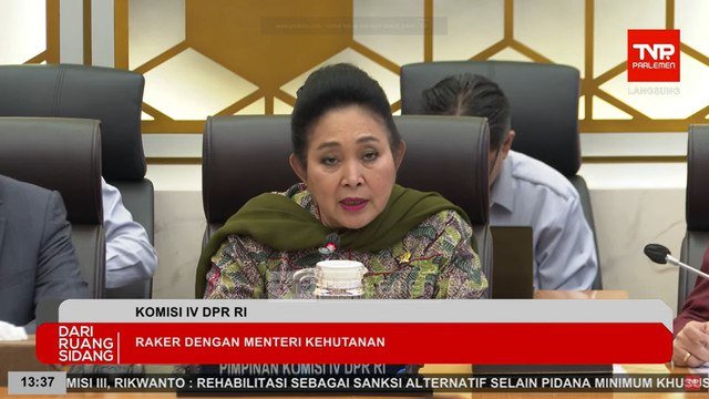 Anggota DPR RI, Titiek Soeharto dalam rapat kerja Komisi IV DPR RI dengan Menteri Kehutanan di Jakarta, Kamis (4/12/2025). Foto: YouTube/ TVR Parlemen