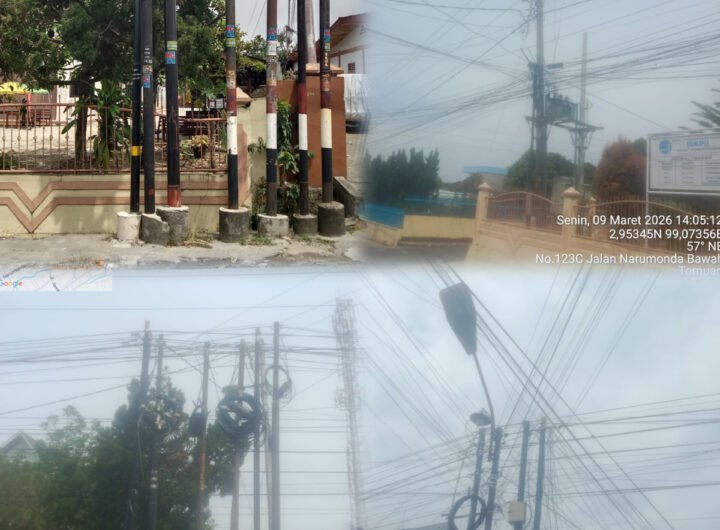 Sampel Foto tiang dan kabel Fiber optik yang tidak tertata di Wilayah Kota Pematangsiantar. Dok. SALING.