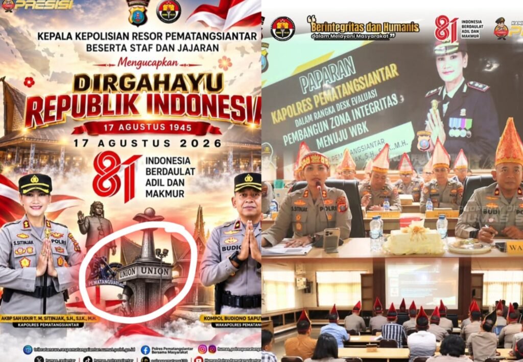 Ucapan HUT RI Polres Pematangsiantar yang menampilkan Tugu Union (union adalah brand roko di Pematangsiantar)/ Polres Pematangsiantar, mengenakan Atribut budaya Non-Simalungun di wilayah kearifan Lokal Budaya Simalungun. Foto: tim/redaksi.