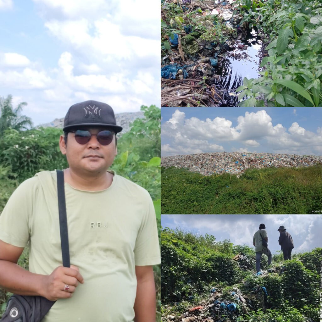 Direktur Eksekutif Sahabat Lingkungan (SALING) Andi Simanjuntak dan salah satu pemilik Lahan pertanian Bermarga Sinaga, saat memantau kondisi TPA Tanjung Pinggir yang mengeluarkan Air Lindi hingga ke Sungai Sibatu-batu. Foto: Dok. SALING